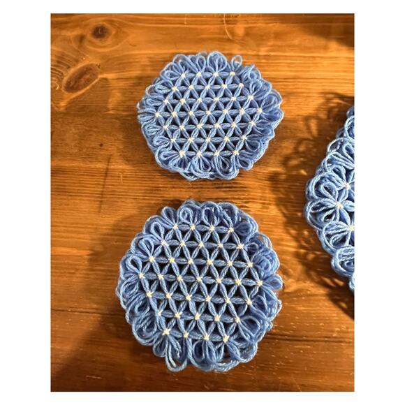 Handmade Crochet Coaster Set – 4 Small + 1 Large – Blue Cotton Mug Rugs - Picture 4 of 6